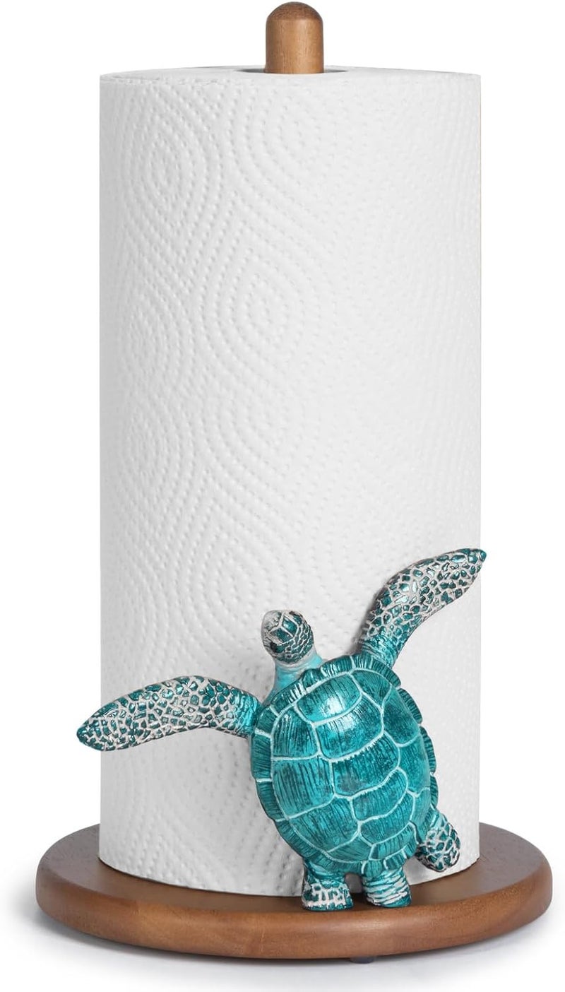 YLOVAN Turtle Paper Towel Holder - Coastal Decor for Home Ocean Decor Beach House Beachy Themed, Sea Turtle Gifts for Women, Cute Decorative Paper Towel Holder Stand Countertop Kitchen Nautical Teal Wood - Image 1